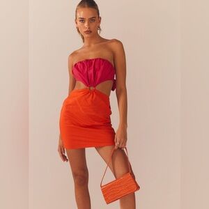 Peppermayo Cut You Out Linen Blend Mini Dress in Sunset Splice NWT